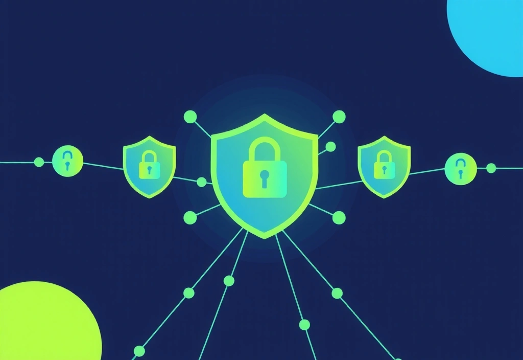 Digitale Darstellung von Datenschutz-Symbolen und einem Schloss-Icon